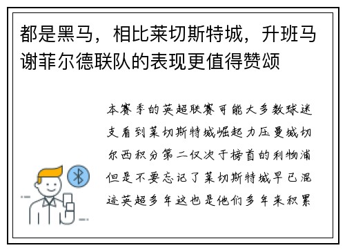 都是黑马，相比莱切斯特城，升班马谢菲尔德联队的表现更值得赞颂